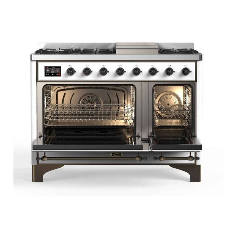 ILVE UM12FDNS3RAB Majestic II 48 inch Dual Fuel Range with 8 Black Brass Burners, Griddle (Natural Gas, Triple Glass Door, RAL, Burnished) 8 ILVE_UM12FDNS3RAB_Majestic_II_48"_Dual_Fuel_Range_Top_Angle