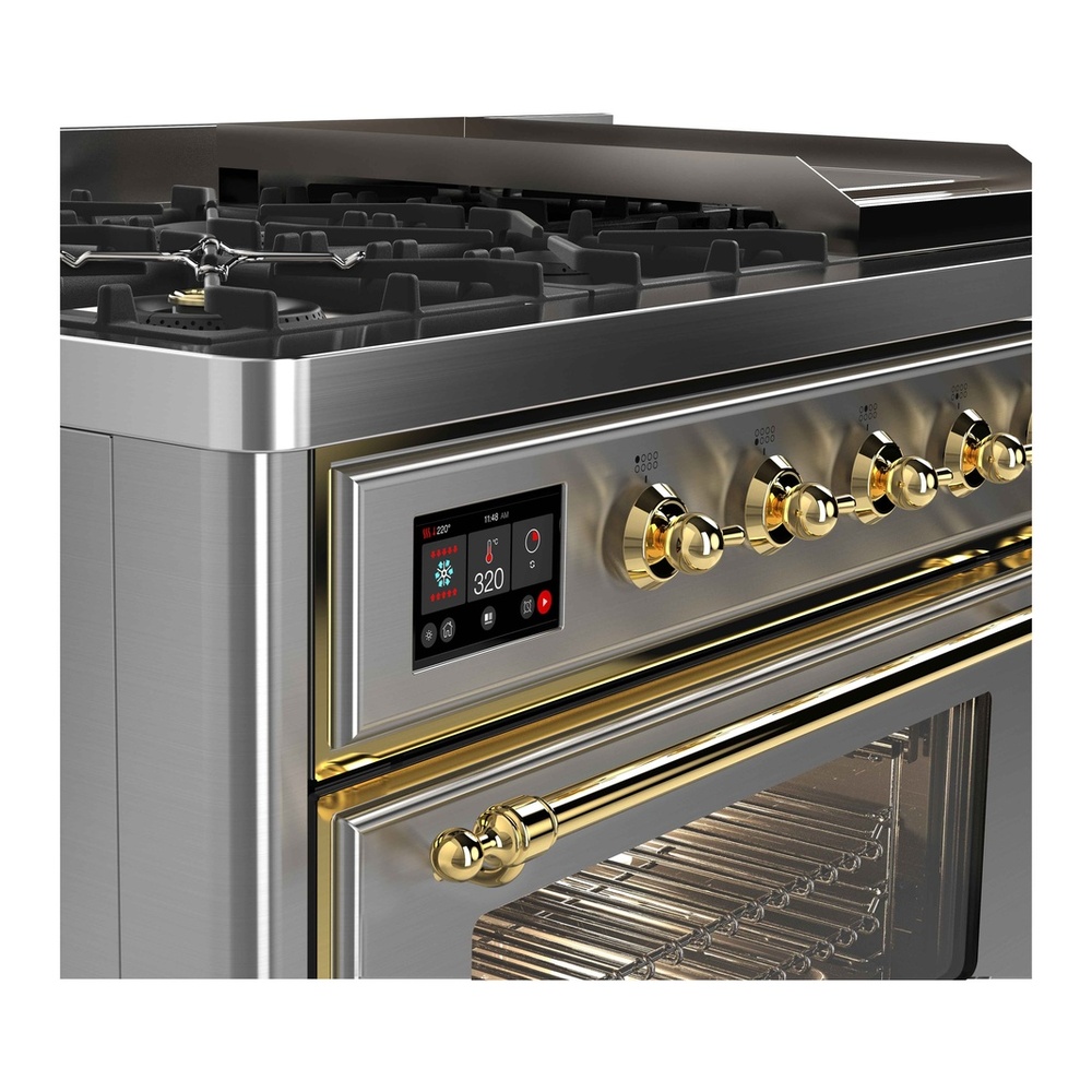 ILVE UM12FDNS3SSG Majestic II 48 inch Dual Fuel Range with 8 Black Brass Burners, Griddle (Natural Gas, Triple Glass Door, Stainless Steel, Brass) 11 ILVE_UM12FDNS3SSG_Majestic_II_48_Dual_Fuel_Range_Top_Angle