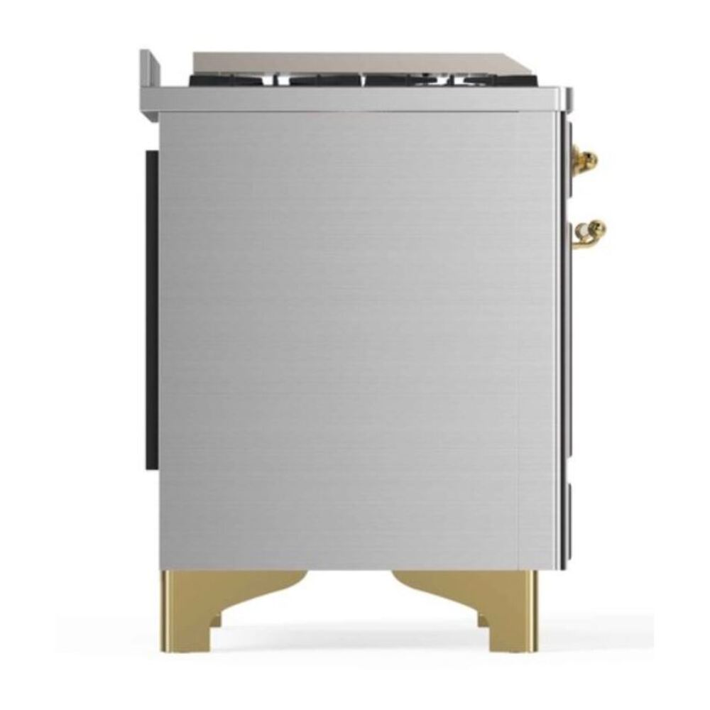 ILVE UM12FDNS3SSG Majestic II 48 inch Dual Fuel Range with 8 Black Brass Burners, Griddle (Natural Gas, Triple Glass Door, Stainless Steel, Brass) 13 ILVE_UM12FDNS3SSG_Majestic_II_48"_Dual_Fuel_Range_Left_Angle