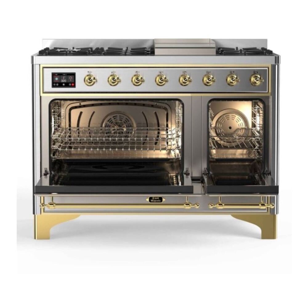 ILVE UM12FDNS3SSG Majestic II 48 inch Dual Fuel Range with 8 Black Brass Burners, Griddle (Natural Gas, Triple Glass Door, Stainless Steel, Brass) 7 ILVE_UM12FDNS3SSG_Majestic_II_48"_Dual_Fuel_Range_oven_opened