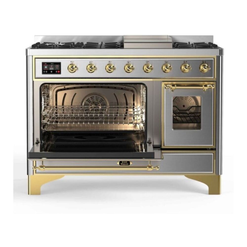 ILVE UM12FDNS3SSG Majestic II 48 inch Dual Fuel Range with 8 Black Brass Burners, Griddle (Natural Gas, Triple Glass Door, Stainless Steel, Brass) 8 ILVE_UM12FDNS3SSG_Majestic_II_48"_Dual_Fuel_Range_left_oven