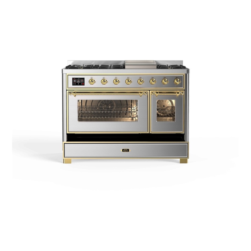 ILVE UM12FDNS3SSG Majestic II 48 inch Dual Fuel Range with 8 Black Brass Burners, Griddle (Natural Gas, Triple Glass Door, Stainless Steel, Brass) 10 ILVE_UM12FDNS3SSG_Majestic_II_48"_Dual_Fuel_Range_drawer_opened