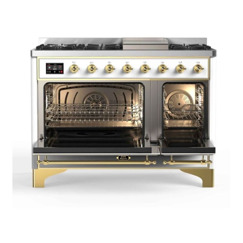 ILVE UM12FDNS3WHG Majestic II 48 inch Dual Fuel Range with 8 Black Brass Burners, Griddle (Natural Gas, Triple Glass Door, White, Brass) 5 ILVE_UM12FDNS3WHG_Majestic_II_48"_Dual_Fuel_Range_oven_opened