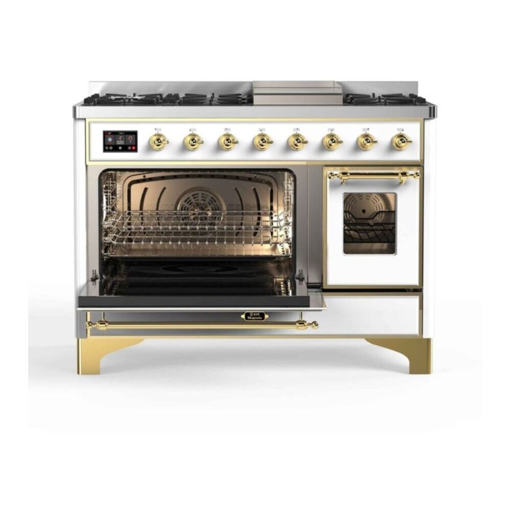 ILVE UM12FDNS3WHG Majestic II 48 inch Dual Fuel Range with 8 Black Brass Burners, Griddle (Natural Gas, Triple Glass Door, White, Brass) 6 ILVE_UM12FDNS3WHG_Majestic_II_48"_Dual_Fuel_Range_left_oven