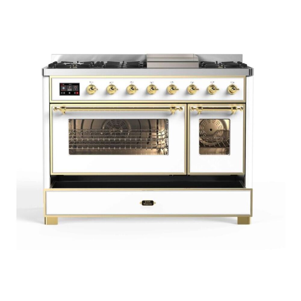 ILVE UM12FDNS3WHG Majestic II 48 inch Dual Fuel Range with 8 Black Brass Burners, Griddle (Natural Gas, Triple Glass Door, White, Brass) 8 ILVE_UM12FDNS3WHG_Majestic_II_48"_Dual_Fuel_Range_drawer_opened