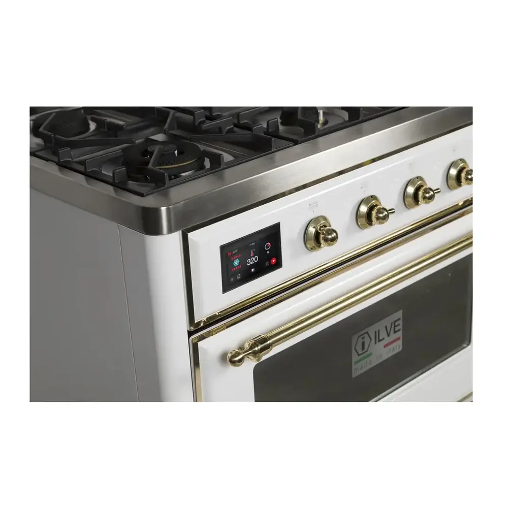 ILVE UM12FDNS3WHG Majestic II 48 inch Dual Fuel Range with 8 Black Brass Burners, Griddle (Natural Gas, Triple Glass Door, White, Brass) 11 ILVE_UM12FDNS3WHG_Majestic_II_48"_Dual_Fuel_Range_controls