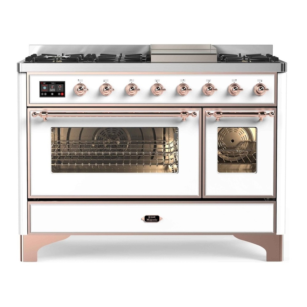 ILVE UM12FDNS3WHP Majestic II 48 inch Dual Fuel Range with 8 Black Brass Burners, Griddle (Natural Gas, Triple Glass Door, White, Copper) 1 UM12FDNS3WHP