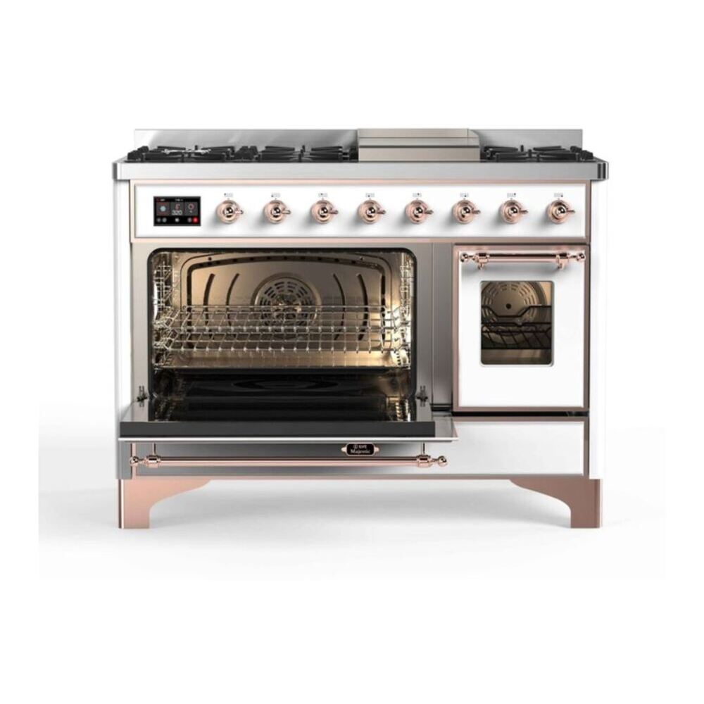 ILVE UM12FDNS3WHP Majestic II 48 inch Dual Fuel Range with 8 Black Brass Burners, Griddle (Natural Gas, Triple Glass Door, White, Copper) 6 ILVE UM12F Majestic II 48 inch Dual Fuel Range with 8 Burners, Griddle