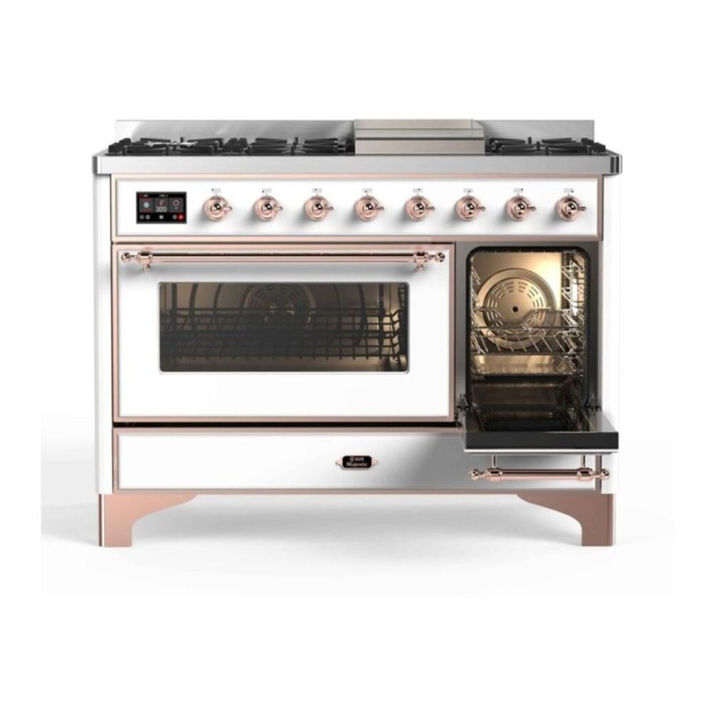 ILVE UM12FDNS3WHP Majestic II 48 inch Dual Fuel Range with 8 Black Brass Burners, Griddle (Natural Gas, Triple Glass Door, White, Copper) 7 ILVE UM12F Majestic II 48 inch Dual Fuel Range with 8 Burners, Griddle