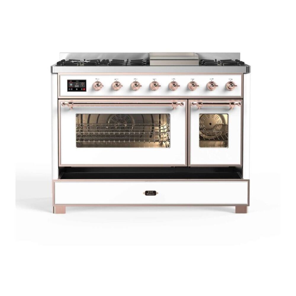 ILVE UM12FDNS3WHP Majestic II 48 inch Dual Fuel Range with 8 Black Brass Burners, Griddle (Natural Gas, Triple Glass Door, White, Copper) 8 ILVE UM12F Majestic II 48 inch Dual Fuel Range with 8 Burners, Griddle