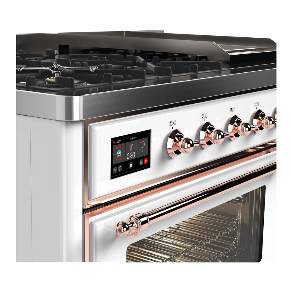 ILVE UM12FDNS3WHP Majestic II 48 inch Dual Fuel Range with 8 Black Brass Burners, Griddle (Natural Gas, Triple Glass Door, White, Copper) 9 ILVE UM12F Majestic II 48 inch Dual Fuel Range with 8 Burners, Griddle