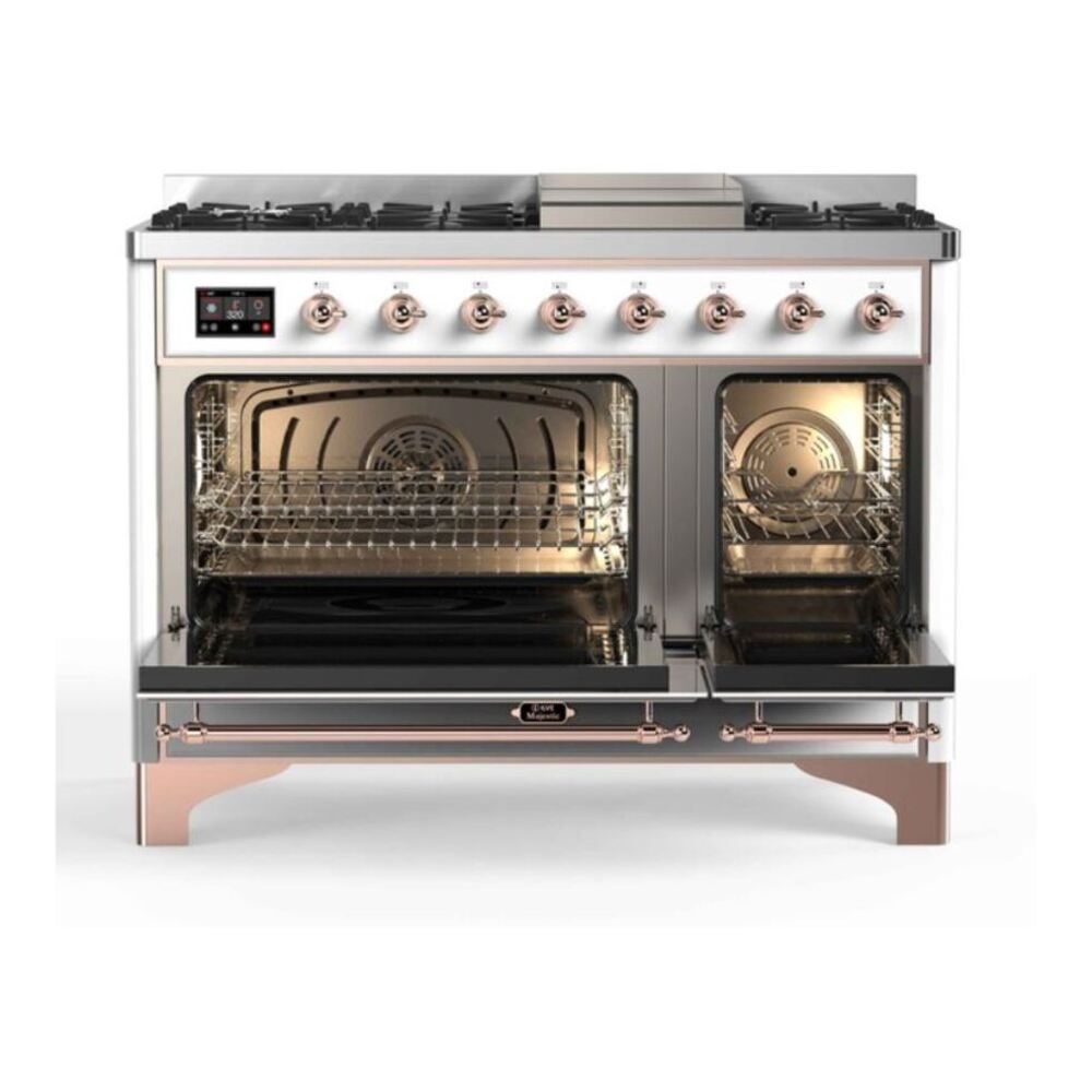 ILVE UM12FDNS3WHP Majestic II 48 inch Dual Fuel Range with 8 Black Brass Burners, Griddle (Natural Gas, Triple Glass Door, White, Copper) 5 ILVE_UM12FDNS3WHP_Majestic_II_48_Dual_Fuel_Range_Top_Angle