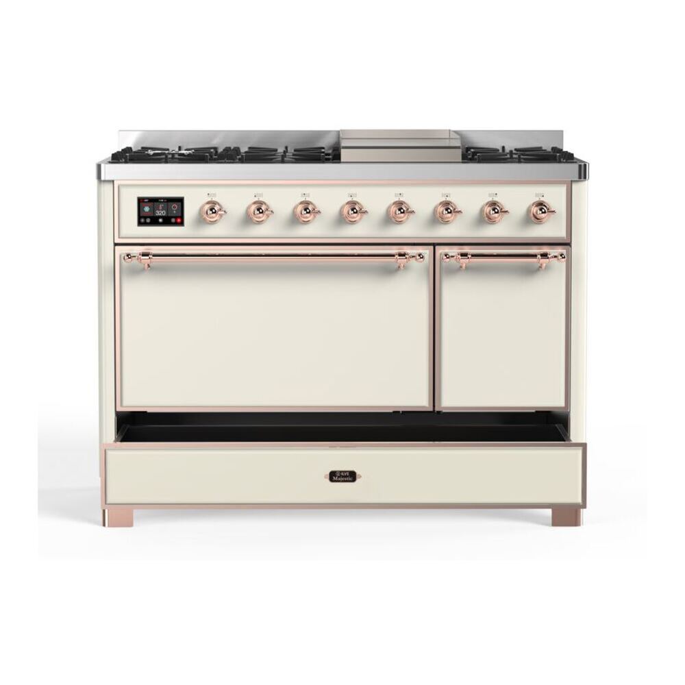 ILVE UM12FDQNS3AWP Majestic II 48 inch Dual Fuel Range with 8 Black Brass Burners, Griddle (Natural Gas, Solid Door, Antique White, Copper) 9 ILVE UM12F Majestic II 48 inch Dual Fuel Range with 8 Burners, Griddle