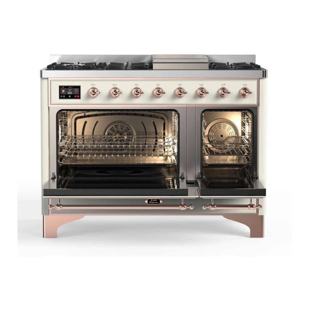 ILVE UM12FDQNS3AWP Majestic II 48 inch Dual Fuel Range with 8 Black Brass Burners, Griddle (Natural Gas, Solid Door, Antique White, Copper) 5 ILVE_UM12FDQNS3AWP_Majestic_II_48_Dual_Fuel_Range_Top_Angle