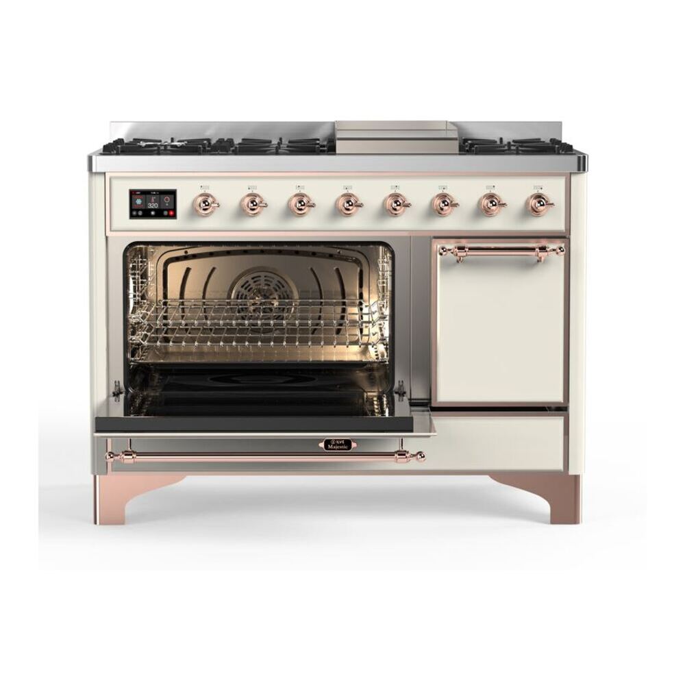 ILVE UM12FDQNS3AWP Majestic II 48 inch Dual Fuel Range with 8 Black Brass Burners, Griddle (Natural Gas, Solid Door, Antique White, Copper) 7 ILVE_UM12FDQNS3AWP_Majestic_II_48_Dual_Fuel_Range_Left_Angle