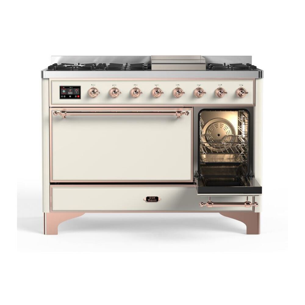ILVE UM12FDQNS3AWP Majestic II 48 inch Dual Fuel Range with 8 Black Brass Burners, Griddle (Natural Gas, Solid Door, Antique White, Copper) 8 ILVE_UM12FDQNS3AWP_Majestic_II_48"_Dual_Fuel_Range_Right_Angle