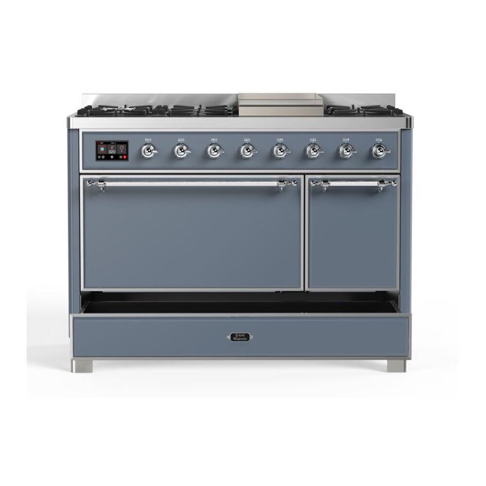 ILVE UM12FDQNS3BGC Majestic II 48 inch Dual Fuel Range with 8 Black Brass Burners, Griddle (Natural Gas, Solid Door, Blue Grey, Chrome) 9 ILVE UM12F Majestic II 48 inch Dual Fuel Range with 8 Burners, Griddle