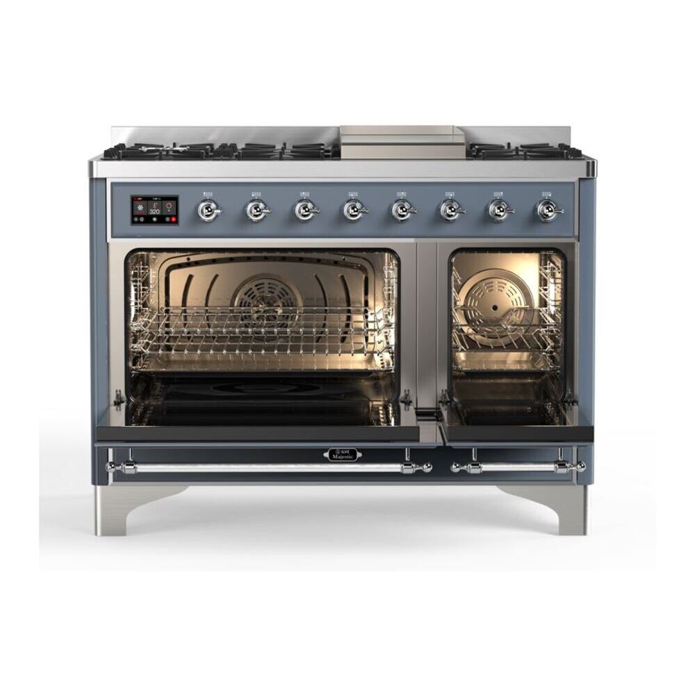 ILVE UM12FDQNS3BGC Majestic II 48 inch Dual Fuel Range with 8 Black Brass Burners, Griddle (Natural Gas, Solid Door, Blue Grey, Chrome) 5 ILVE_UM12FDQNS3BGC_Majestic_II_48_Dual_Fuel_Range_Top_Angle