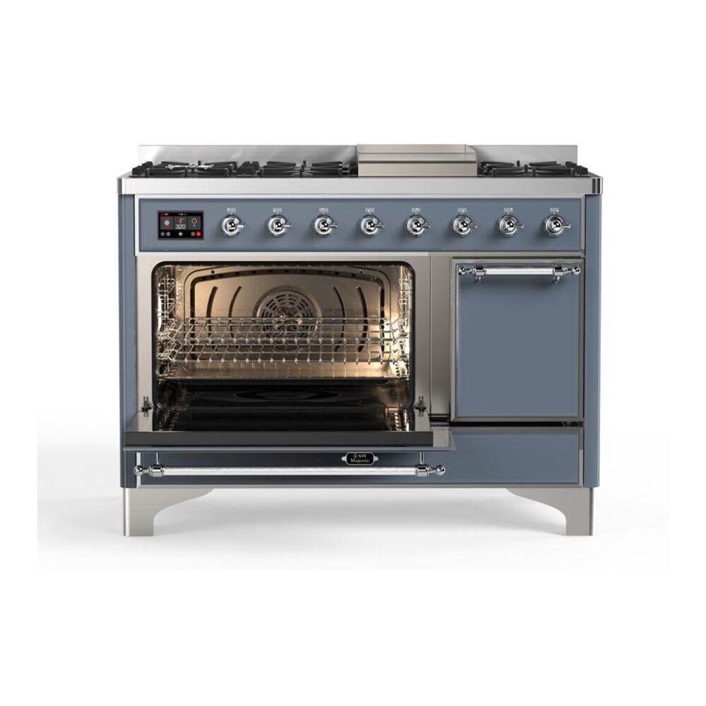 ILVE UM12FDQNS3BGC Majestic II 48 inch Dual Fuel Range with 8 Black Brass Burners, Griddle (Natural Gas, Solid Door, Blue Grey, Chrome) 7 ILVE_UM12FDQNS3BGC_Majestic_II_48_Dual_Fuel_Range_Left_Angle