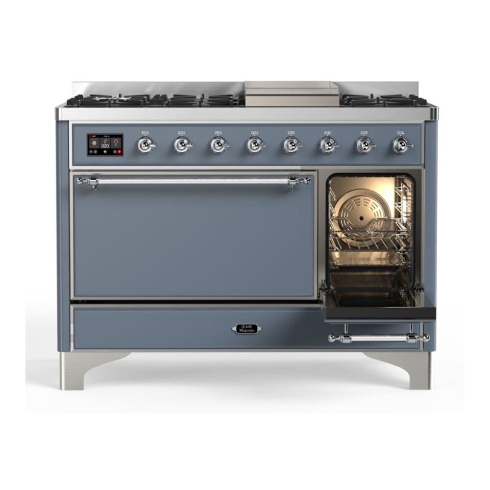 ILVE UM12FDQNS3BGC Majestic II 48 inch Dual Fuel Range with 8 Black Brass Burners, Griddle (Natural Gas, Solid Door, Blue Grey, Chrome) 8 ILVE_UM12FDQNS3BGC_Majestic_II_48"_Dual_Fuel_Range_Right_Angle