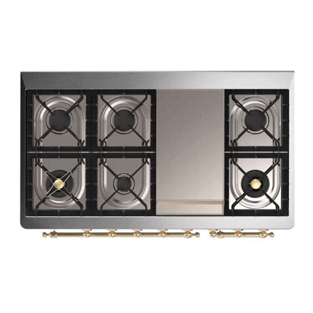 ILVE UM12FDQNS3BGG Majestic II 48 inch Dual Fuel Range with 8 Black Brass Burners, Griddle (Natural Gas, Solid Door, Blue Grey, Brass) 12 ILVE UM12F Majestic II 48 inch Dual Fuel Range with 8 Burners, Griddle