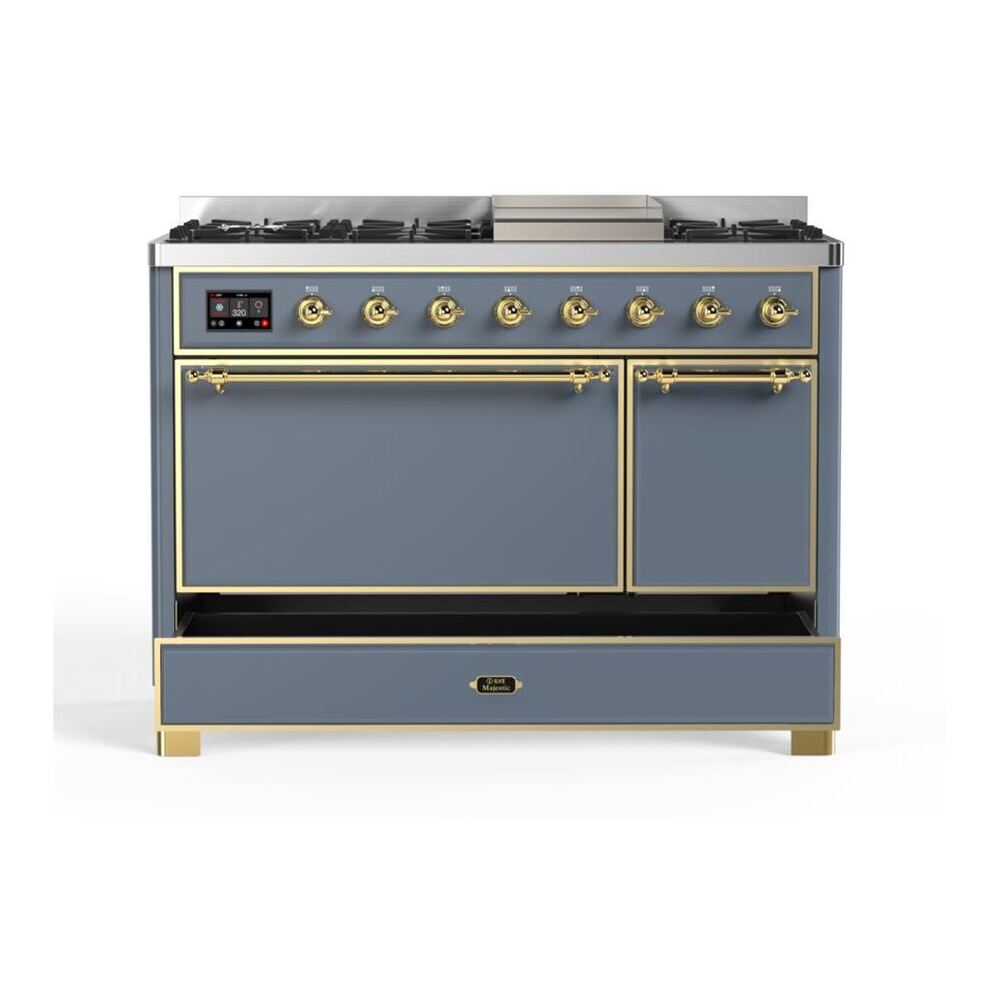 ILVE UM12FDQNS3BGG Majestic II 48 inch Dual Fuel Range with 8 Black Brass Burners, Griddle (Natural Gas, Solid Door, Blue Grey, Brass) 9 ILVE UM12F Majestic II 48 inch Dual Fuel Range with 8 Burners, Griddle