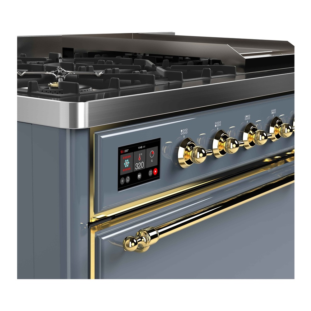 ILVE UM12FDQNS3BGG Majestic II 48 inch Dual Fuel Range with 8 Black Brass Burners, Griddle (Natural Gas, Solid Door, Blue Grey, Brass) 8 ILVE UM12F Majestic II 48 inch Dual Fuel Range with 8 Burners, Griddle