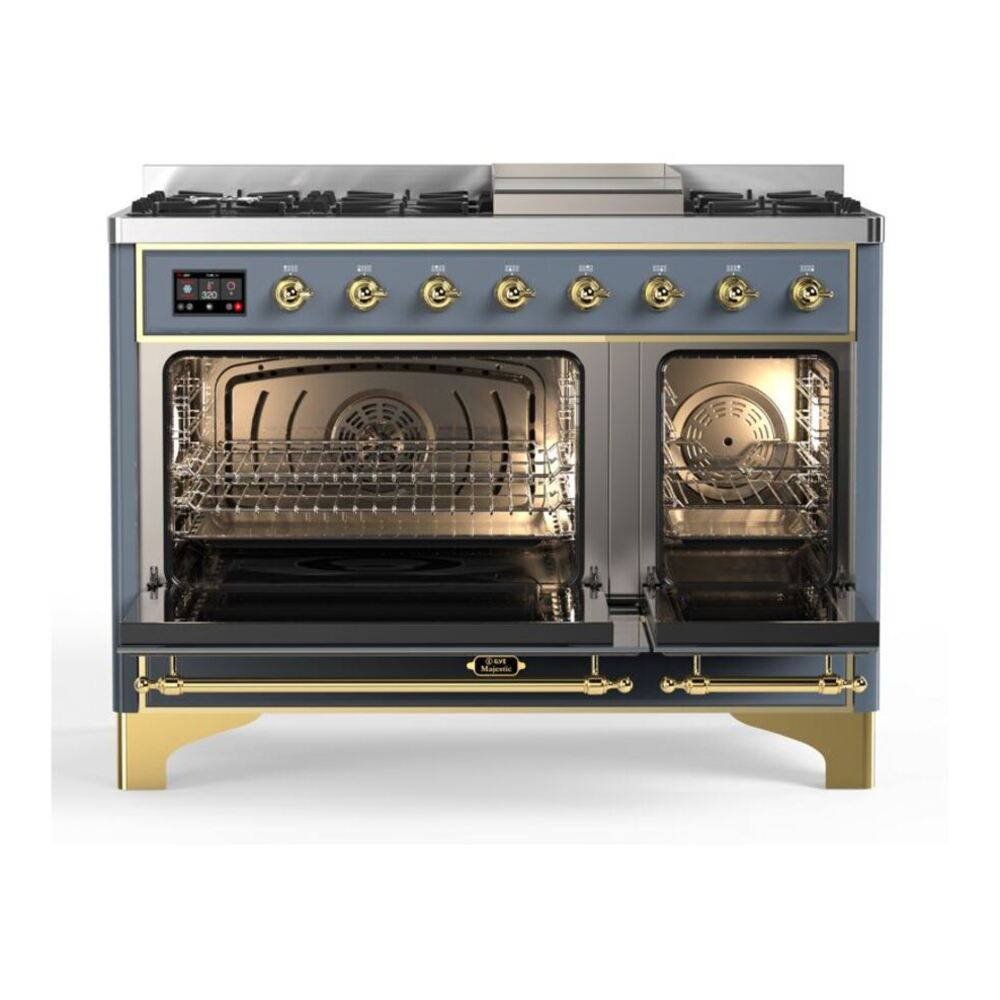 ILVE UM12FDQNS3BGG Majestic II 48 inch Dual Fuel Range with 8 Black Brass Burners, Griddle (Natural Gas, Solid Door, Blue Grey, Brass) 5 ILVE_UM12FDQNS3BGG_Majestic_II_48_Dual_Fuel_Range_Top_Angle