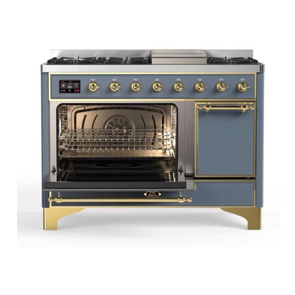 ILVE UM12FDQNS3BGG Majestic II 48 inch Dual Fuel Range with 8 Black Brass Burners, Griddle (Natural Gas, Solid Door, Blue Grey, Brass) 6 ILVE_UM12FDQNS3BGG_Majestic_II_48_Dual_Fuel_Range_Left_Angle
