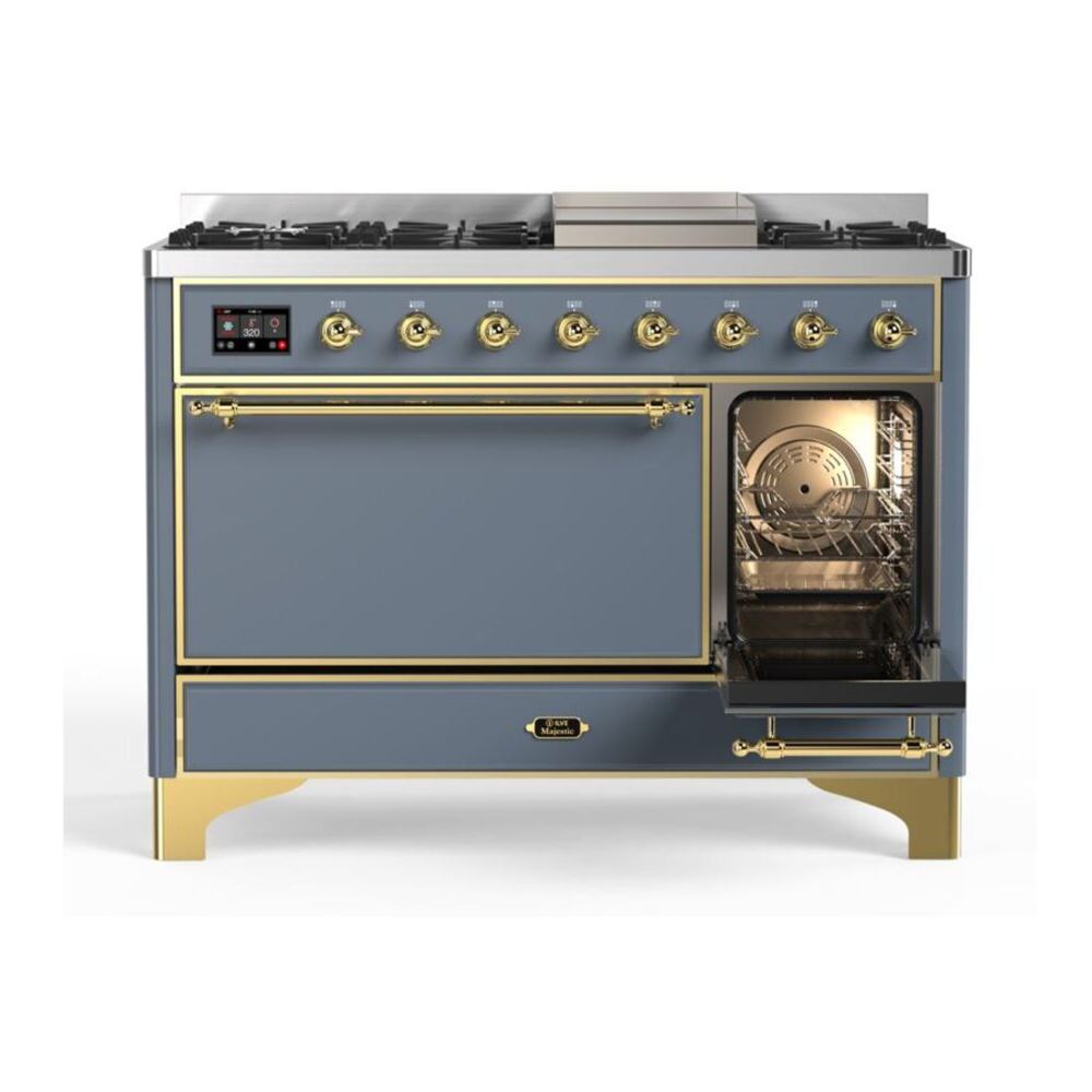 ILVE UM12FDQNS3BGG Majestic II 48 inch Dual Fuel Range with 8 Black Brass Burners, Griddle (Natural Gas, Solid Door, Blue Grey, Brass) 7 ILVE_UM12FDQNS3BGG_Majestic_II_48"_Dual_Fuel_Range_Right_Angle