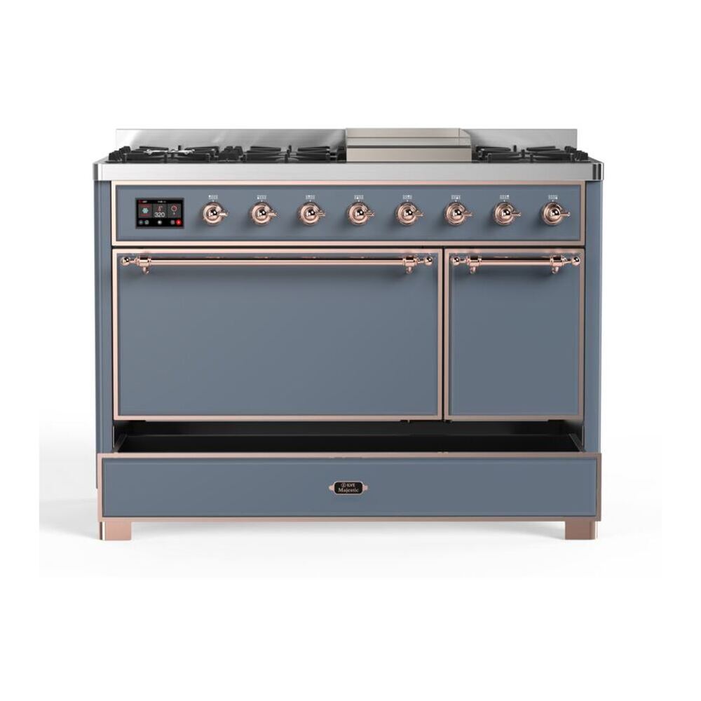 ILVE UM12FDQNS3BGPLP Majestic II 48 inch Dual Fuel Range with 8 Black Brass Burners, Griddle (Liquid Propane, Solid Door, Blue Grey, Copper) 6 ILVE UM12F Majestic II 48 inch Dual Fuel Range with 8 Burners, Griddle