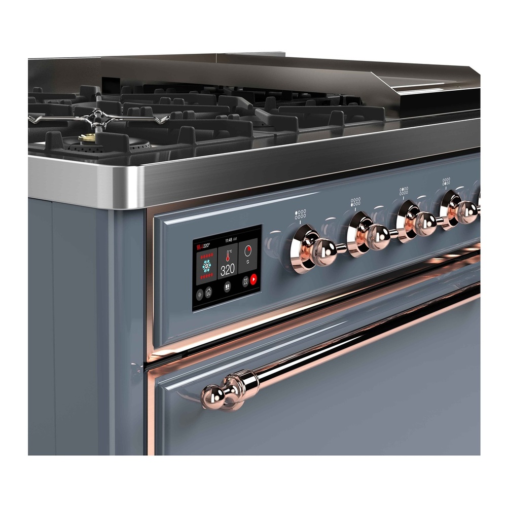 ILVE UM12FDQNS3BGPLP Majestic II 48 inch Dual Fuel Range with 8 Black Brass Burners, Griddle (Liquid Propane, Solid Door, Blue Grey, Copper) 3 ILVE UM12F Majestic II 48 inch Dual Fuel Range with 8 Burners, Griddle