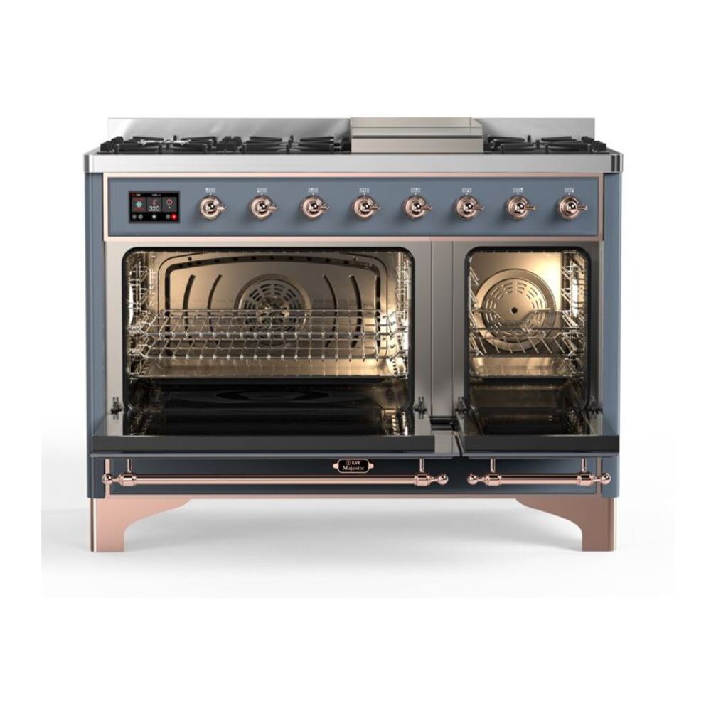 ILVE UM12FDQNS3BGPLP Majestic II 48 inch Dual Fuel Range with 8 Black Brass Burners, Griddle (Liquid Propane, Solid Door, Blue Grey, Copper) 2 ILVE_UM12FDQNS3BGPLP_Majestic_II_48"_Dual_Fuel_Range_Top_Angle