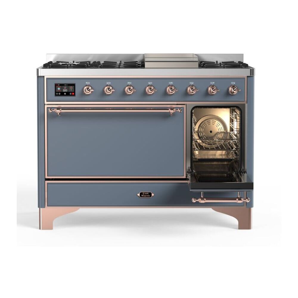 ILVE UM12FDQNS3BGPLP Majestic II 48 inch Dual Fuel Range with 8 Black Brass Burners, Griddle (Liquid Propane, Solid Door, Blue Grey, Copper) 5 ILVE_UM12FDQNS3BGPLP_Majestic_II_48"_Dual_Fuel_Range_Left_Angle