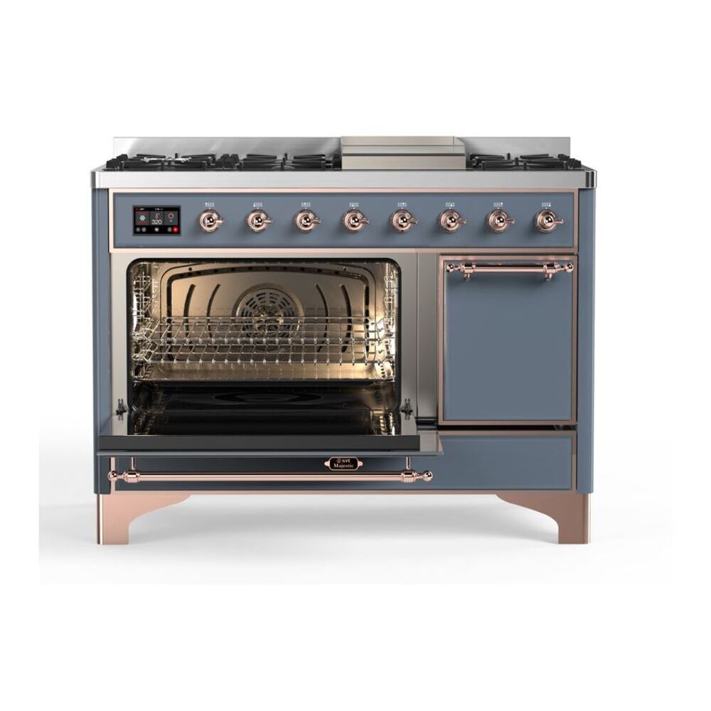 ILVE UM12FDQNS3BGP Majestic II 48 inch Dual Fuel Range with 8 Black Brass Burners, Griddle (Natural Gas, Solid Door, Blue Grey, Copper) 6 ILVE_UM12FDQNS3BGP_Majestic_II_48_Dual_Fuel_Range_Left_Angle