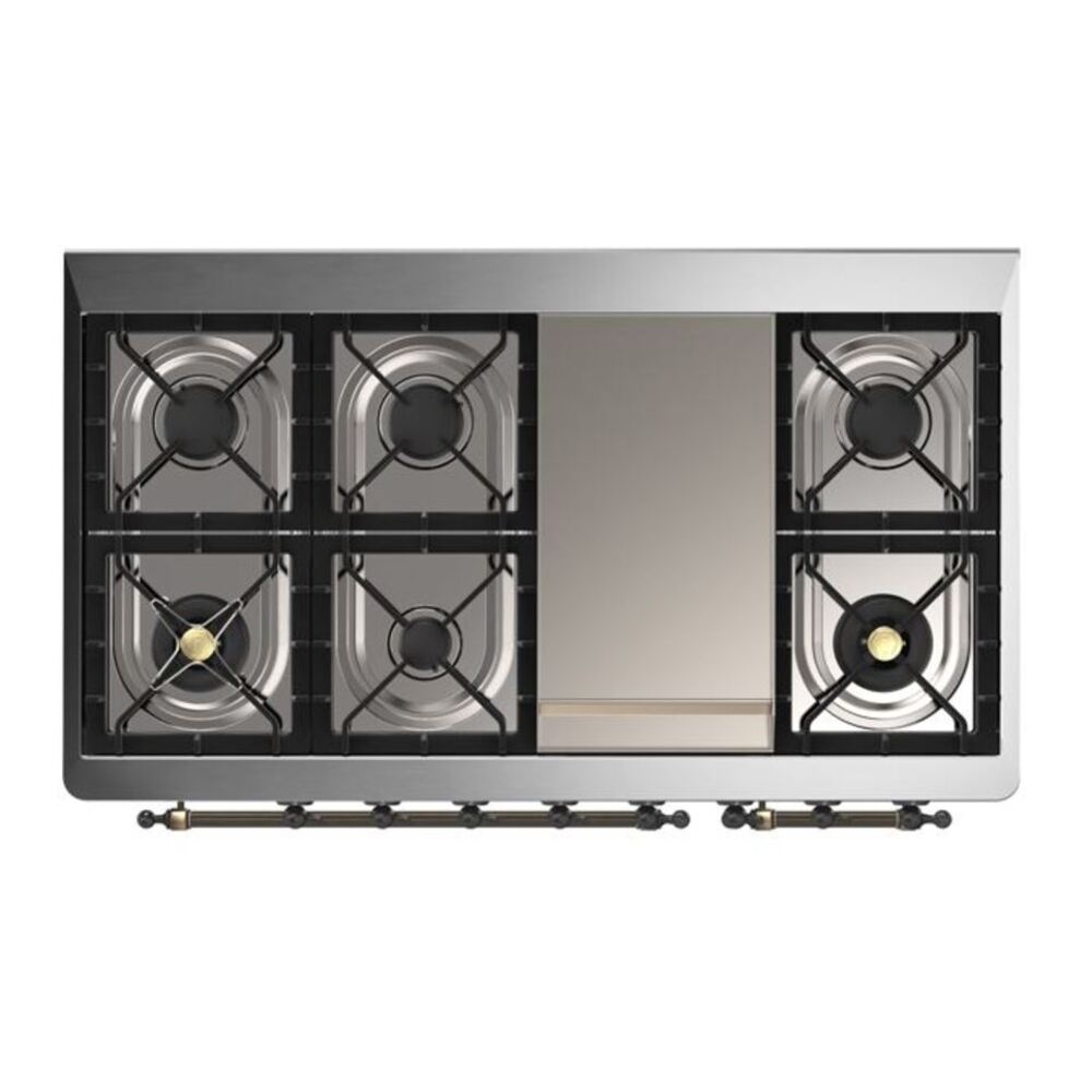 ILVE UM12FDQNS3BKBLP Majestic II 48 inch Dual Fuel Range with 8 Black Brass Burners, Griddle (Liquid Propane, Solid Door, Glossy Black, Burnished) 12 ILVE UM12F Majestic II 48 inch Dual Fuel Range with 8 Burners, Griddle