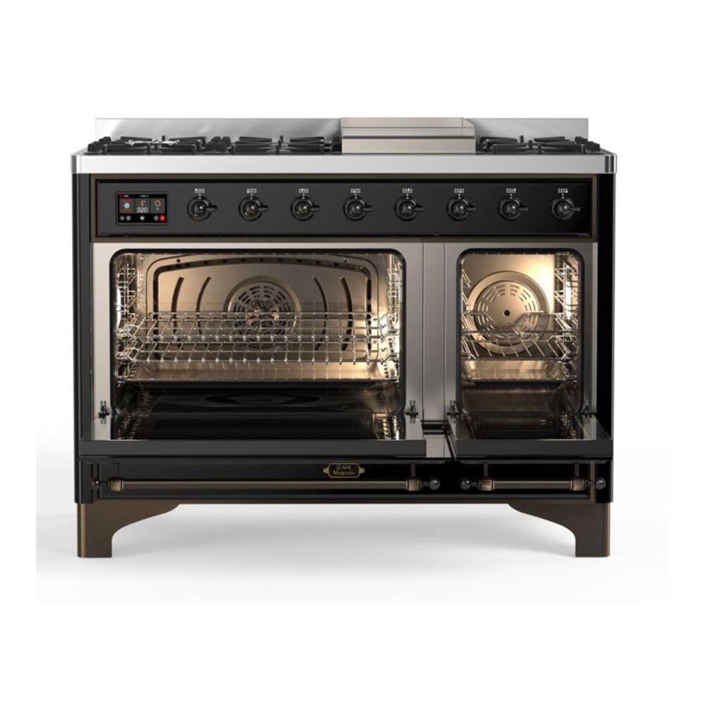 ILVE UM12FDQNS3BKBLP Majestic II 48 inch Dual Fuel Range with 8 Black Brass Burners, Griddle (Liquid Propane, Solid Door, Glossy Black, Burnished) 5 ILVE_UM12FDQNS3BKBLP_Majestic_II_48"_Dual_Fuel_Range_Top_Angle