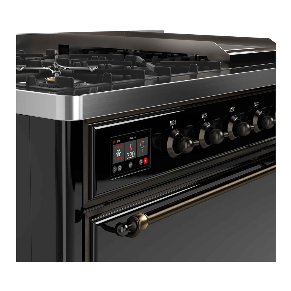 ILVE UM12FDQNS3BKB Majestic II 48 inch Dual Fuel Range with 8 Black Brass Burners, Griddle (Natural Gas, Solid Door, Glossy Black, Burnished) 8 ILVE UM12F Majestic II 48 inch Dual Fuel Range with 8 Burners, Griddle