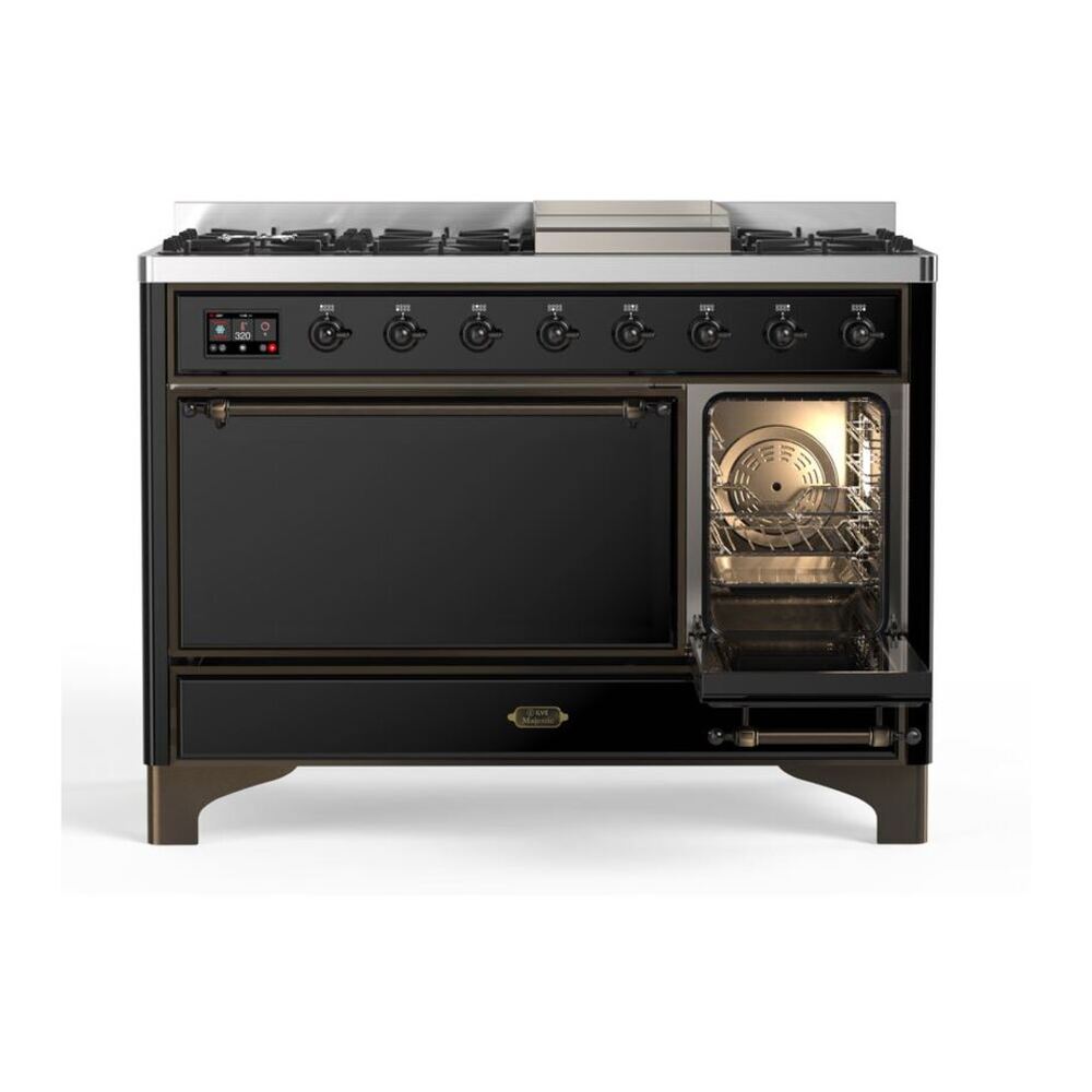 ILVE UM12FDQNS3BKB Majestic II 48 inch Dual Fuel Range with 8 Black Brass Burners, Griddle (Natural Gas, Solid Door, Glossy Black, Burnished) 7 ILVE_UM12FDQNS3BKB_Majestic_II_48_Dual_Fuel_Range_Left_Angle