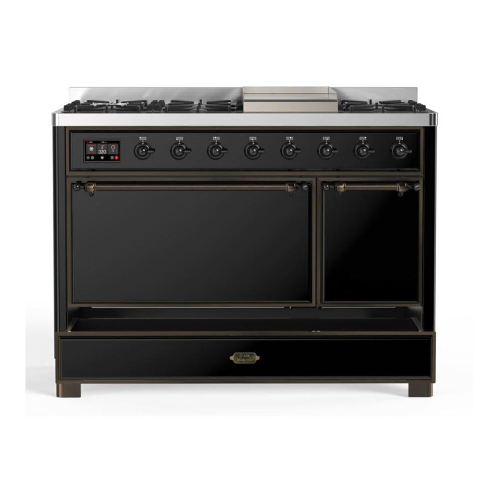ILVE UM12FDQNS3BKB Majestic II 48 inch Dual Fuel Range with 8 Black Brass Burners, Griddle (Natural Gas, Solid Door, Glossy Black, Burnished) 9 ILVE_UM12FDQNS3BKB_Majestic_II_48"_Dual_Fuel_Range_Right_Angle