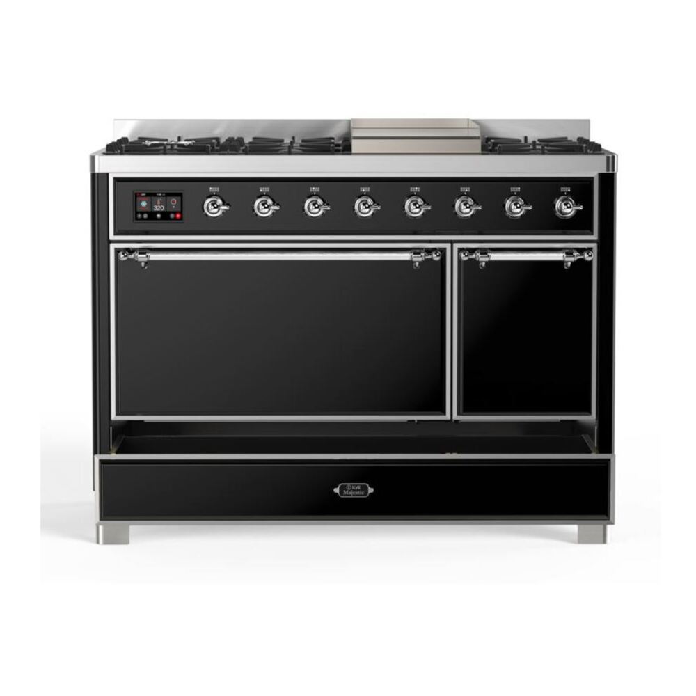 ILVE UM12FDQNS3BKCLP Majestic II 48 inch Dual Fuel Range with 8 Black Brass Burners, Griddle (Liquid Propane, Solid Door, Glossy Black, Chrome) 9 ILVE UM12F Majestic II 48 inch Dual Fuel Range with 8 Burners, Griddle