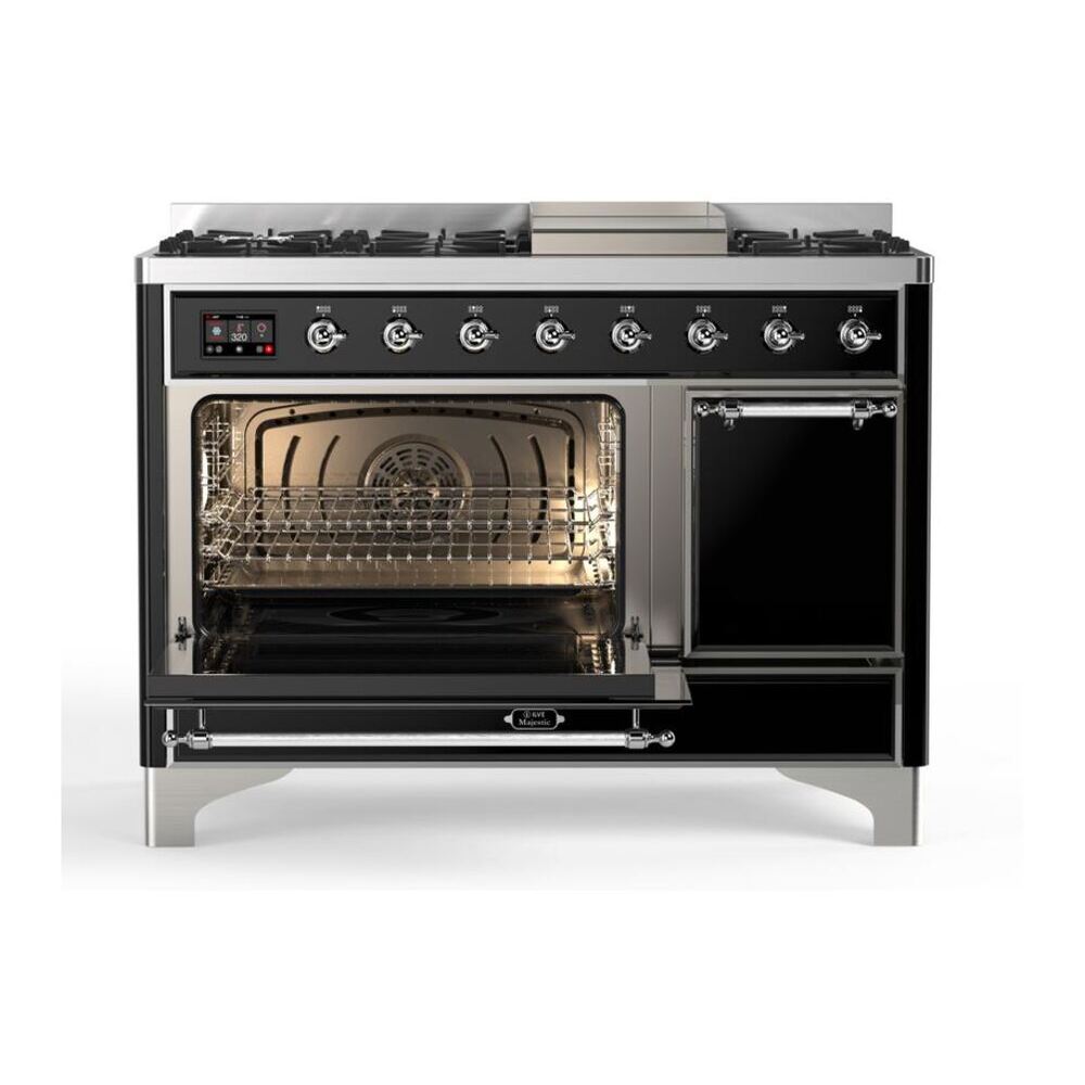 ILVE UM12FDQNS3BKCLP Majestic II 48 inch Dual Fuel Range with 8 Black Brass Burners, Griddle (Liquid Propane, Solid Door, Glossy Black, Chrome) 7 ILVE_UM12FDQNS3BKCLP_Majestic_II_48"_Dual_Fuel_Range_Left_Angle