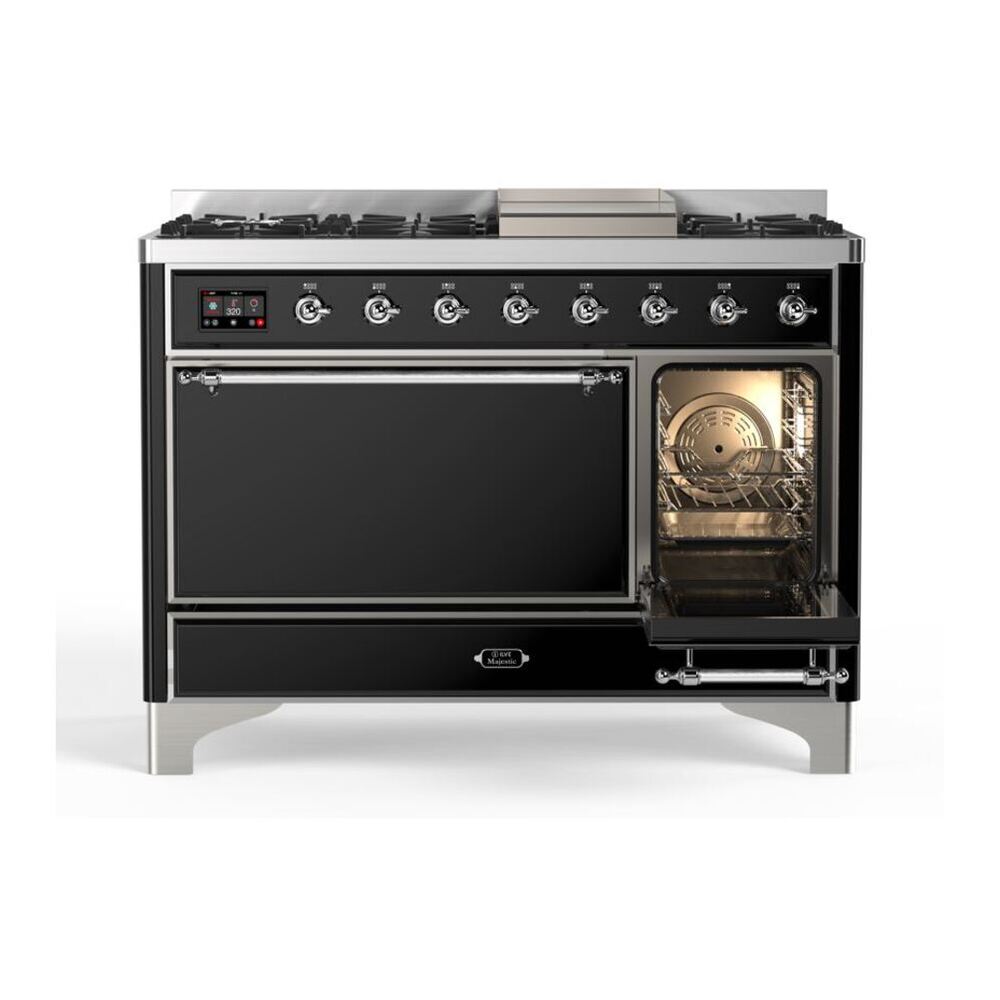 ILVE UM12FDQNS3BKCLP Majestic II 48 inch Dual Fuel Range with 8 Black Brass Burners, Griddle (Liquid Propane, Solid Door, Glossy Black, Chrome) 8 ILVE_UM12FDQNS3BKCLP_Majestic_II_48"_Dual_Fuel_Range_Right_Angle