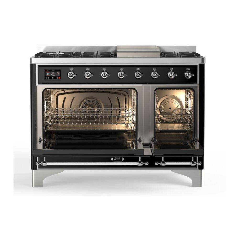 ILVE UM12FDQNS3BKC Majestic II 48 inch Dual Fuel Range with 8 Black Brass Burners, Griddle (Natural Gas, Solid Door, Glossy Black, Chrome) 5 ILVE_UM12FDQNS3BKC_Majestic_II_48_Dual_Fuel_Range_Top_Angle