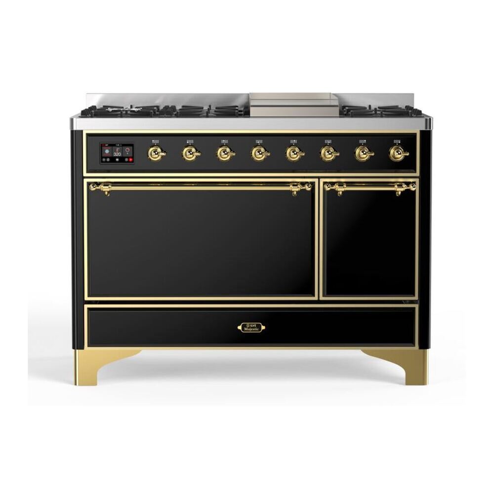 ILVE UM12FDQNS3BKGLP Majestic II 48 inch Dual Fuel Range with 8 Black Brass Burners, Griddle (Liquid Propane, Solid Door, Glossy Black, Brass) 1 UM12FDQNS3BKGLP