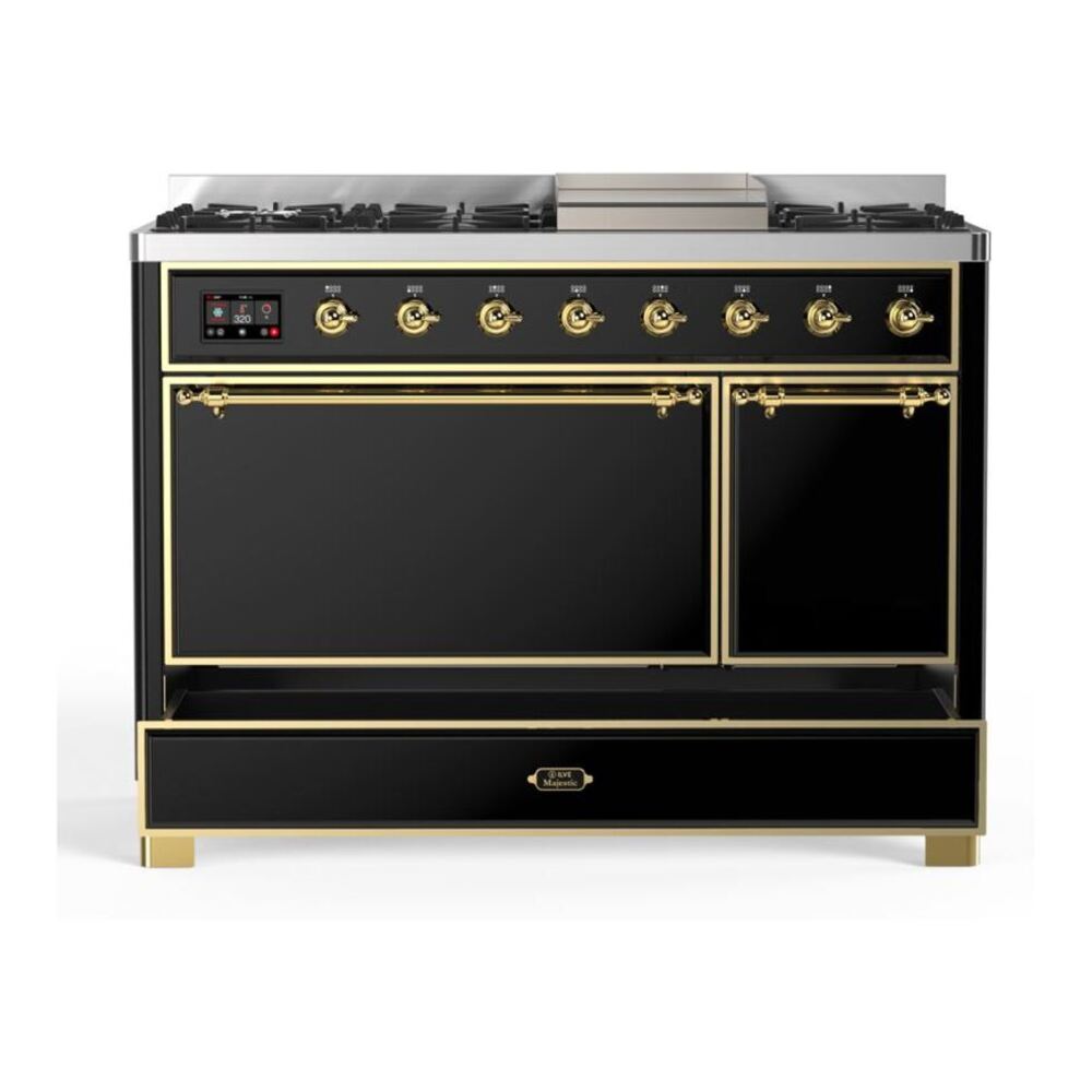 ILVE UM12FDQNS3BKGLP Majestic II 48 inch Dual Fuel Range with 8 Black Brass Burners, Griddle (Liquid Propane, Solid Door, Glossy Black, Brass) 9 ILVE UM12F Majestic II 48 inch Dual Fuel Range with 8 Burners, Griddle