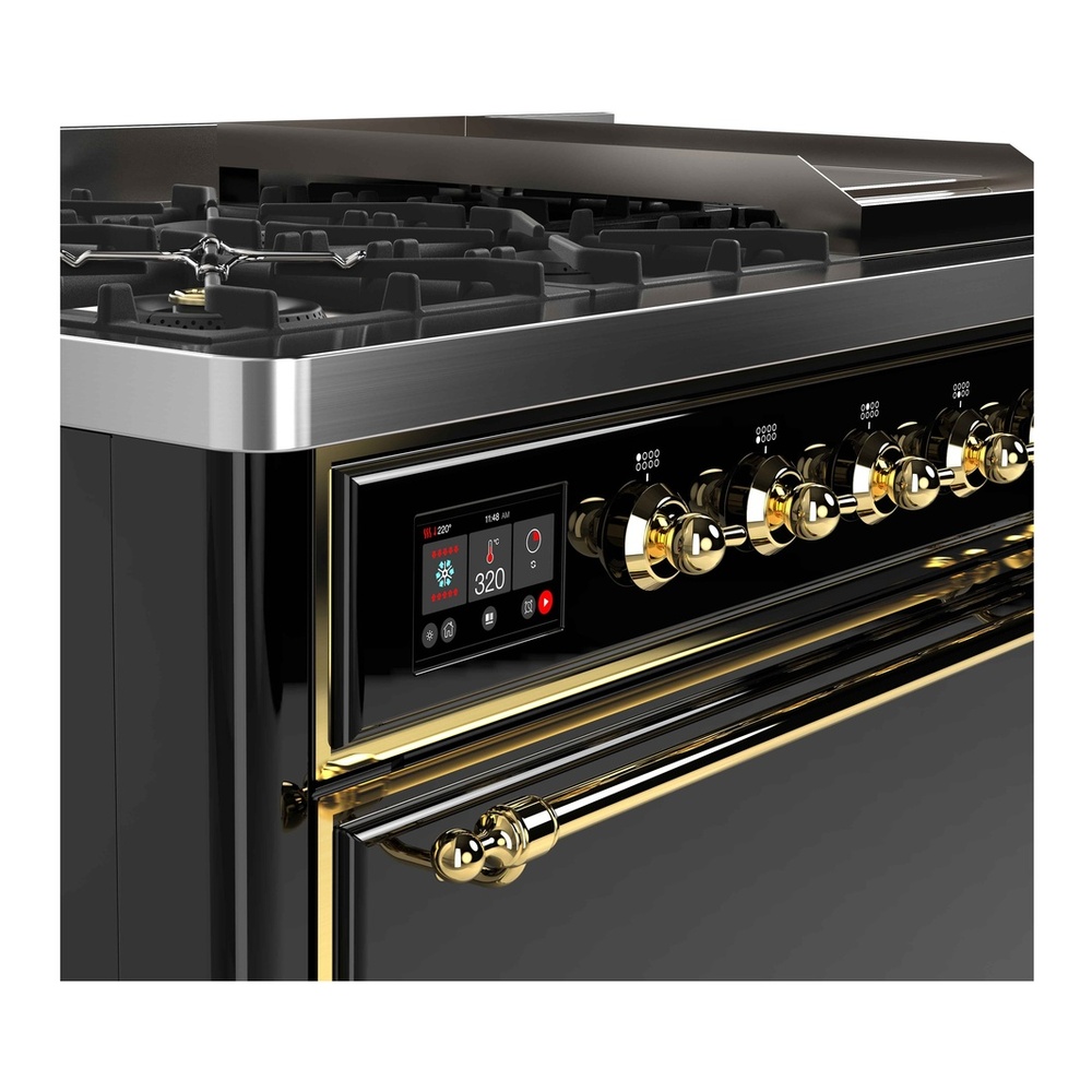 ILVE UM12FDQNS3BKGLP Majestic II 48 inch Dual Fuel Range with 8 Black Brass Burners, Griddle (Liquid Propane, Solid Door, Glossy Black, Brass) 6 ILVE UM12F Majestic II 48 inch Dual Fuel Range with 8 Burners, Griddle