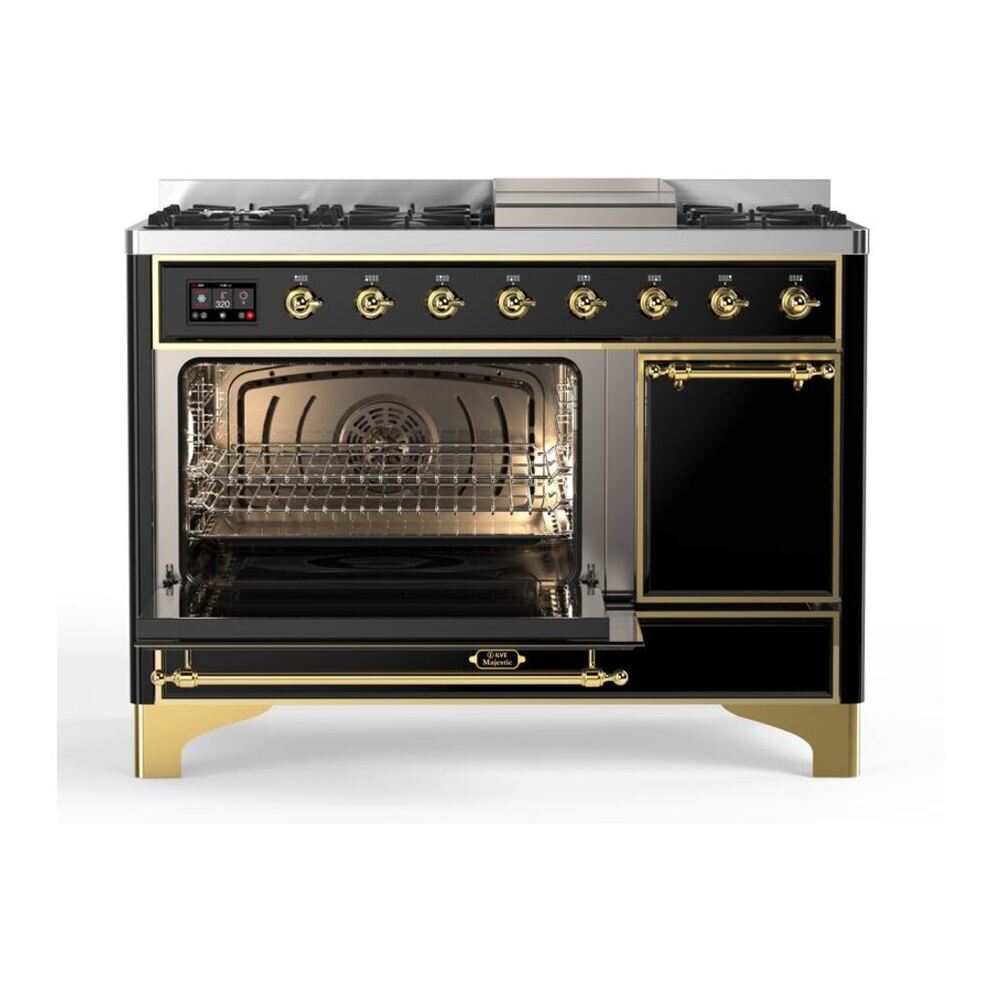 ILVE UM12FDQNS3BKGLP Majestic II 48 inch Dual Fuel Range with 8 Black Brass Burners, Griddle (Liquid Propane, Solid Door, Glossy Black, Brass) 7 ILVE_UM12FDQNS3BKGLP_Majestic_II_48"_Dual_Fuel_Range_Left_Angle