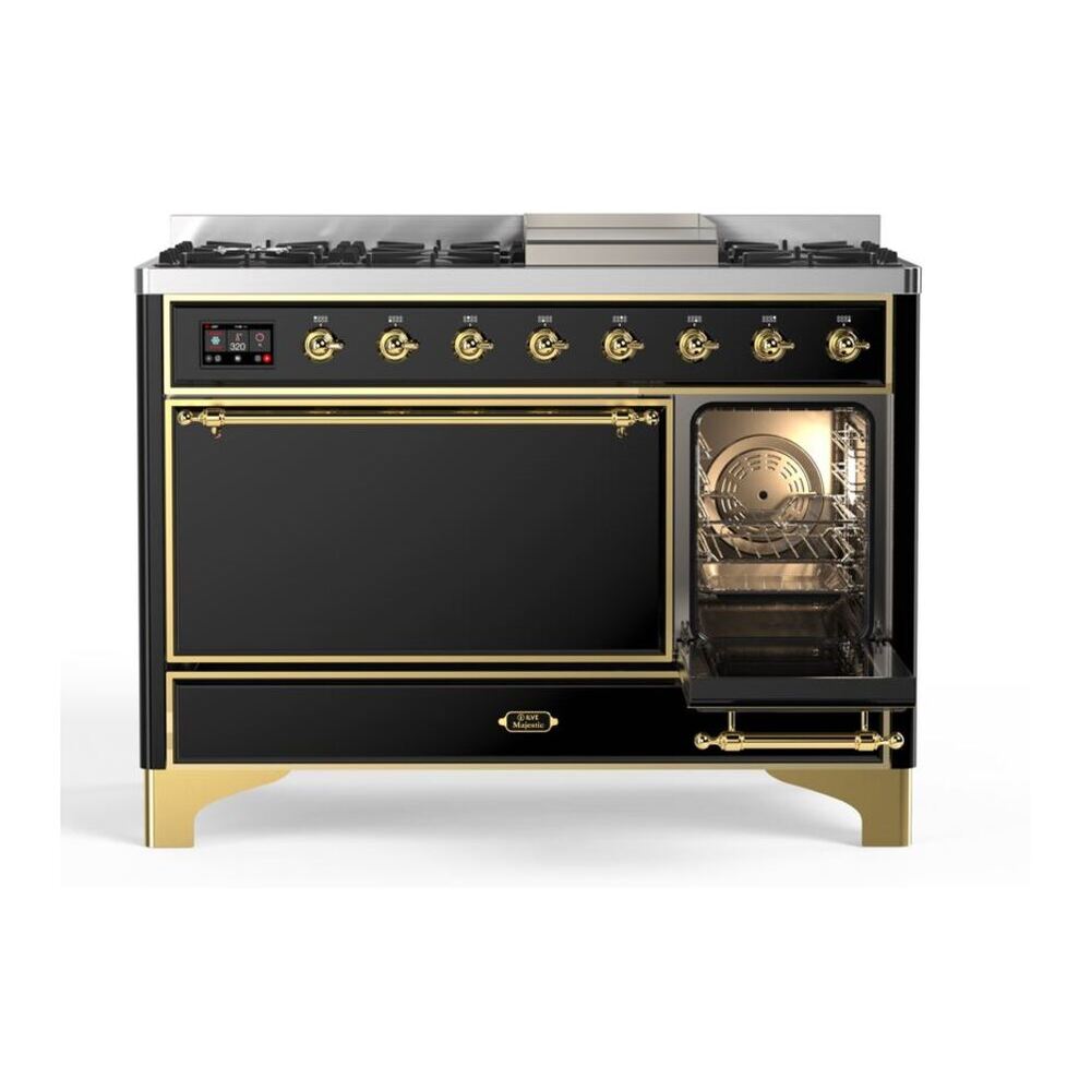 ILVE UM12FDQNS3BKGLP Majestic II 48 inch Dual Fuel Range with 8 Black Brass Burners, Griddle (Liquid Propane, Solid Door, Glossy Black, Brass) 8 ILVE_UM12FDQNS3BKGLP_Majestic_II_48"_Dual_Fuel_Range_Right_Angle