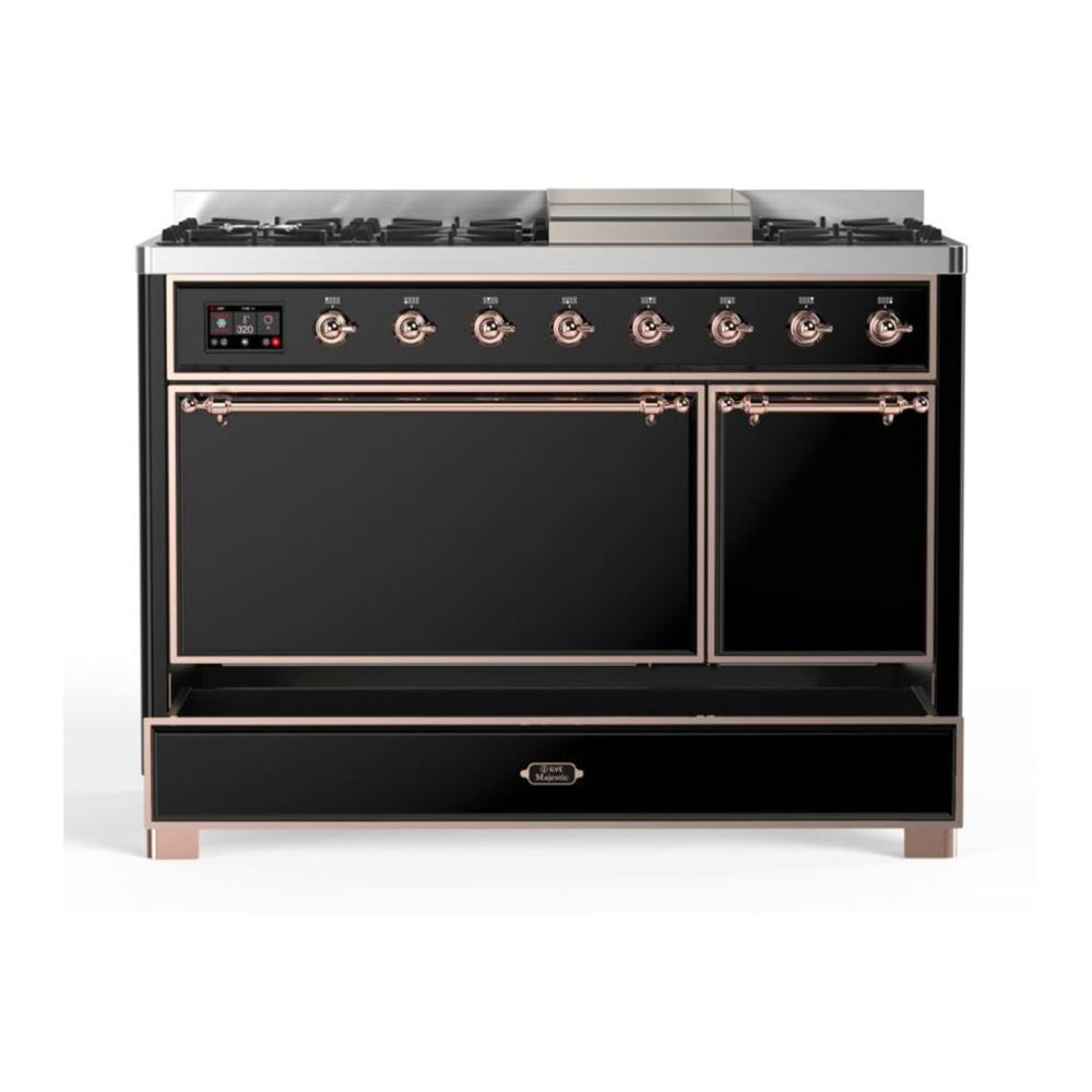 ILVE UM12FDQNS3BKPLP Majestic II 48 inch Dual Fuel Range with 8 Black Brass Burners, Griddle (Liquid Propane, Solid Door, Glossy Black, Copper) 9 ILVE UM12F Majestic II 48 inch Dual Fuel Range with 8 Burners, Griddle